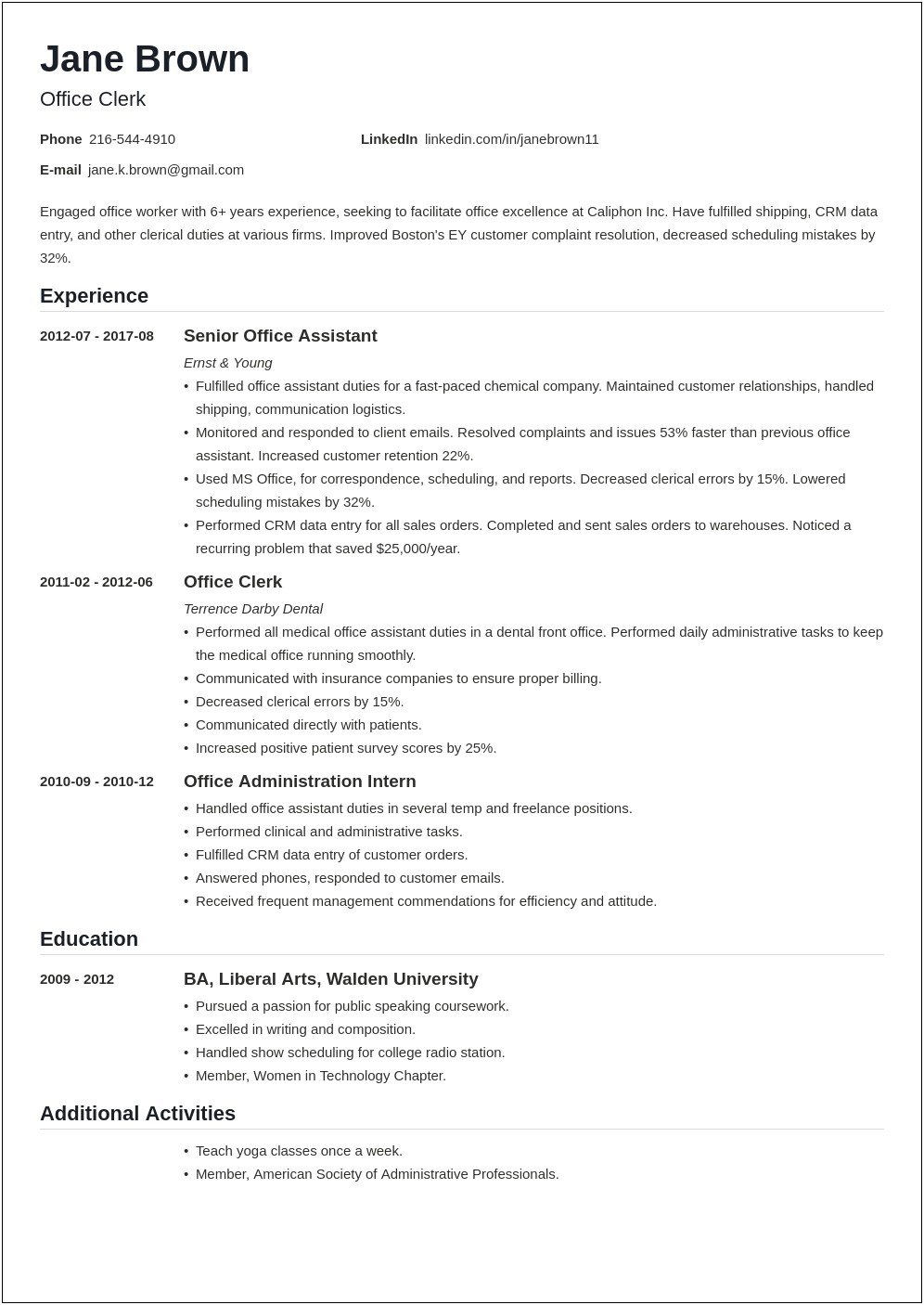 Clerk To Office Assistant Resume Sample