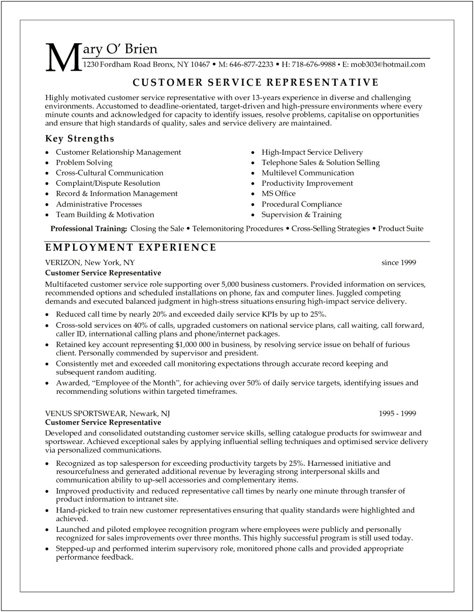 Client Service Representative Objective For Resume