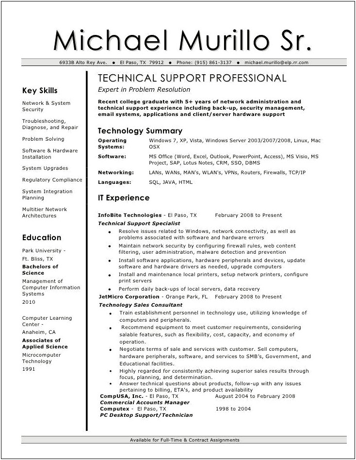 Client Service Technical Support Resume Examples