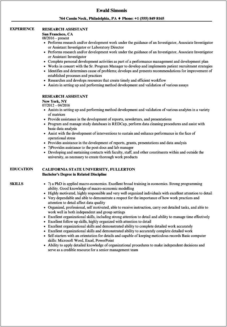 Clinical Research Associate No Experience Resume