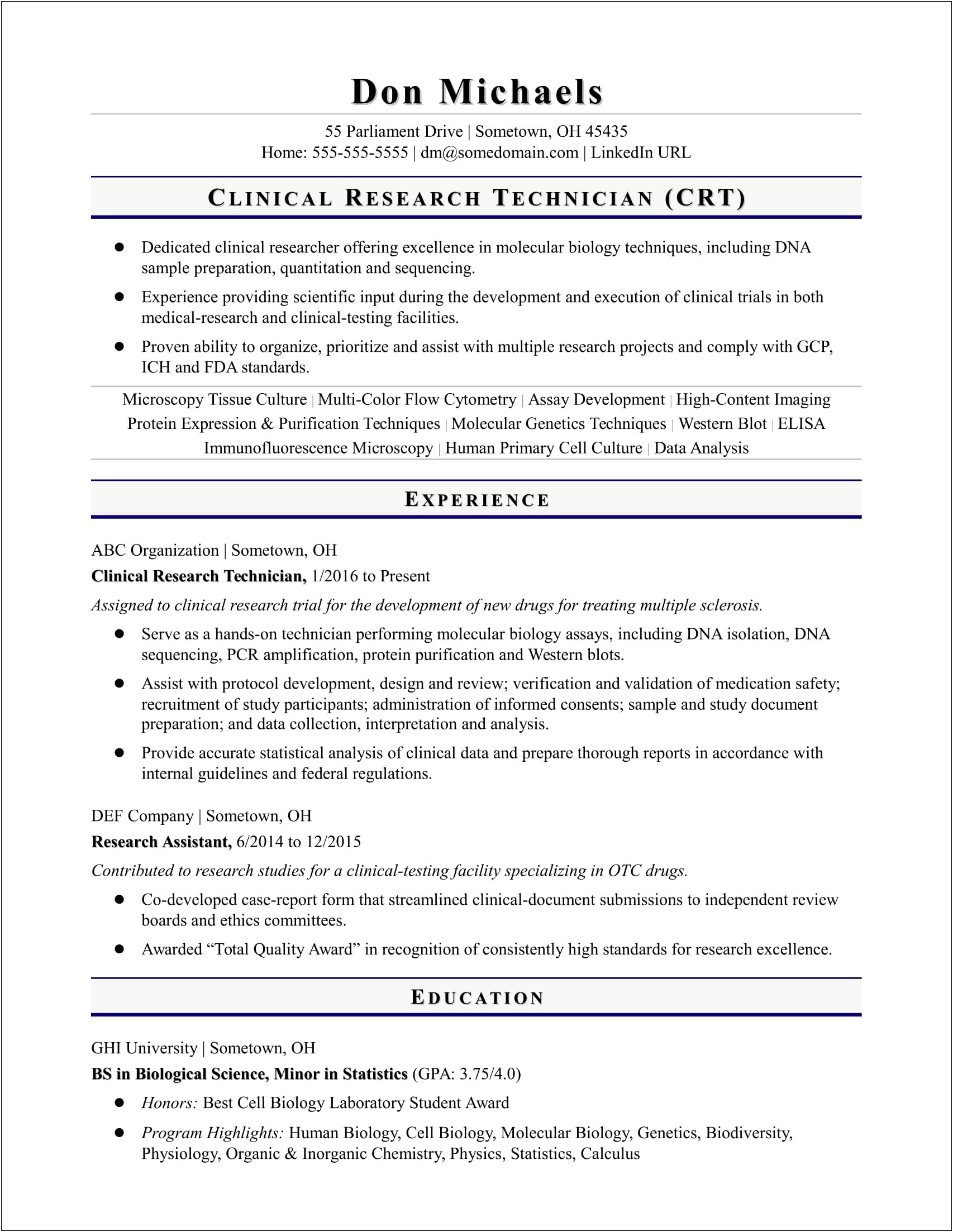 Clinical Research Associate Resume No Experience