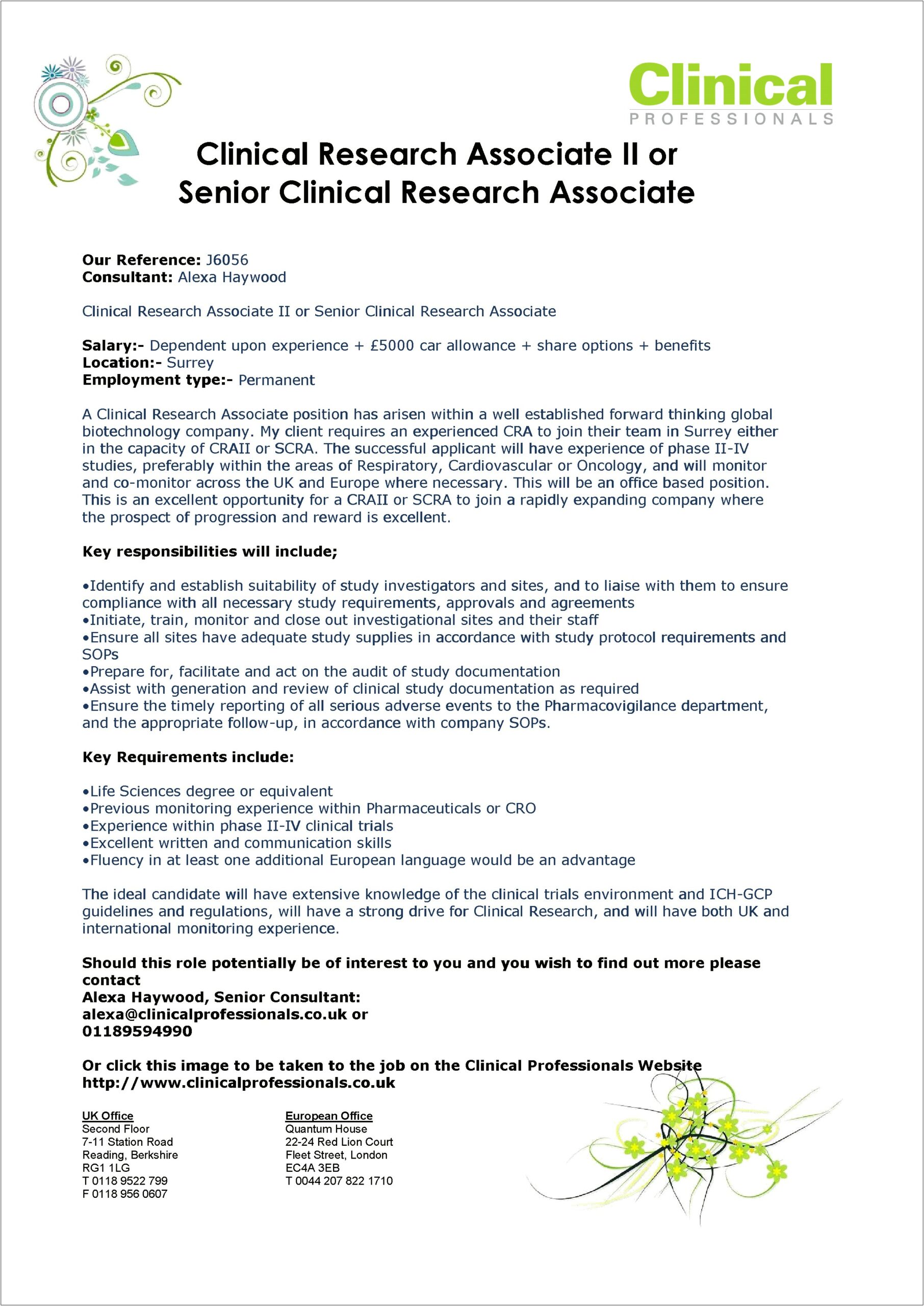 Clinical Research Coordinator Resume Cover Letter