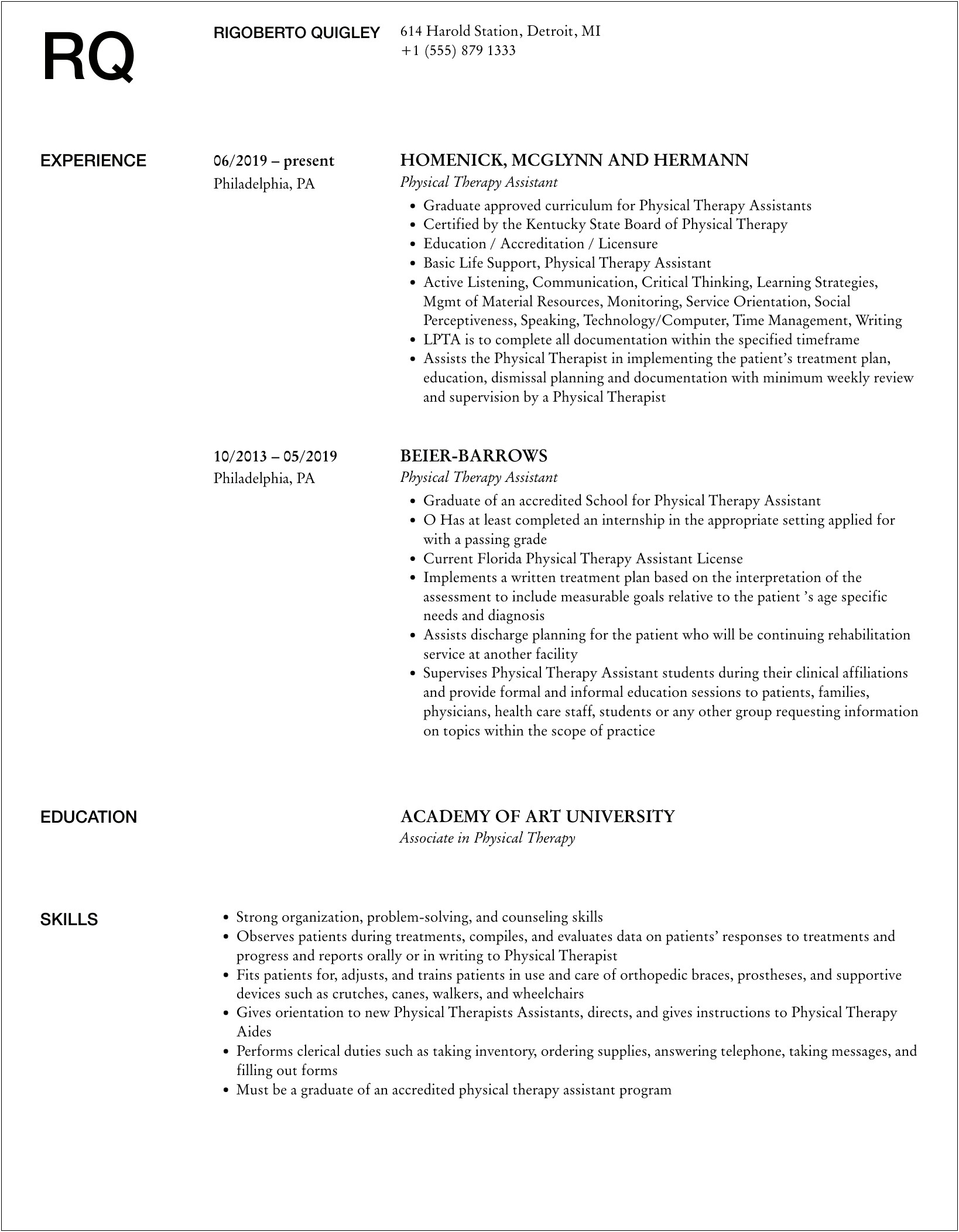 Clinical Rotation Resume Sample Physical Therapy Assistant