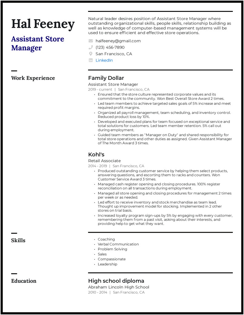 Clothing Store Assistant Management Experience Resume