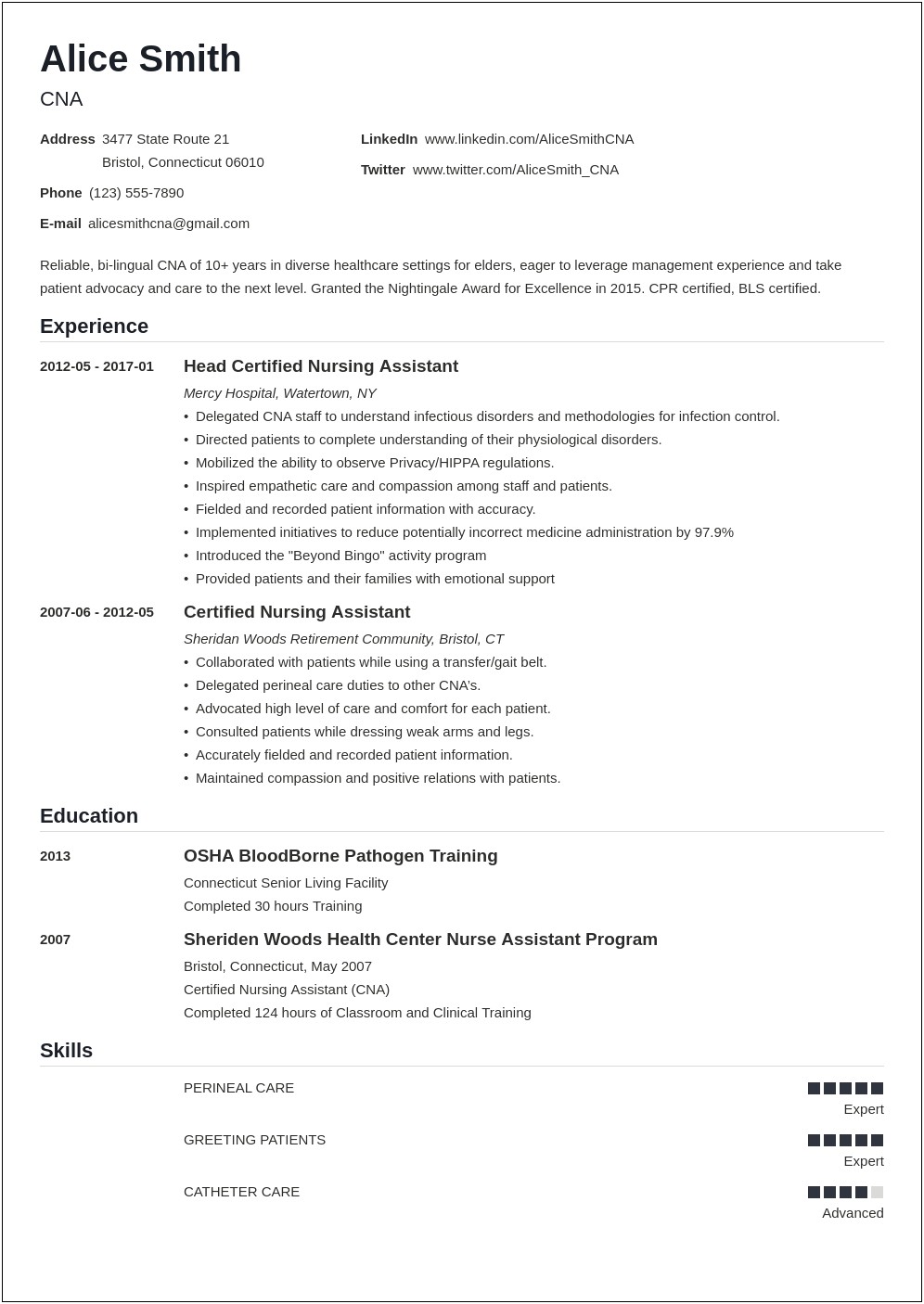 Cna Objectives Sample In Resume No Experience
