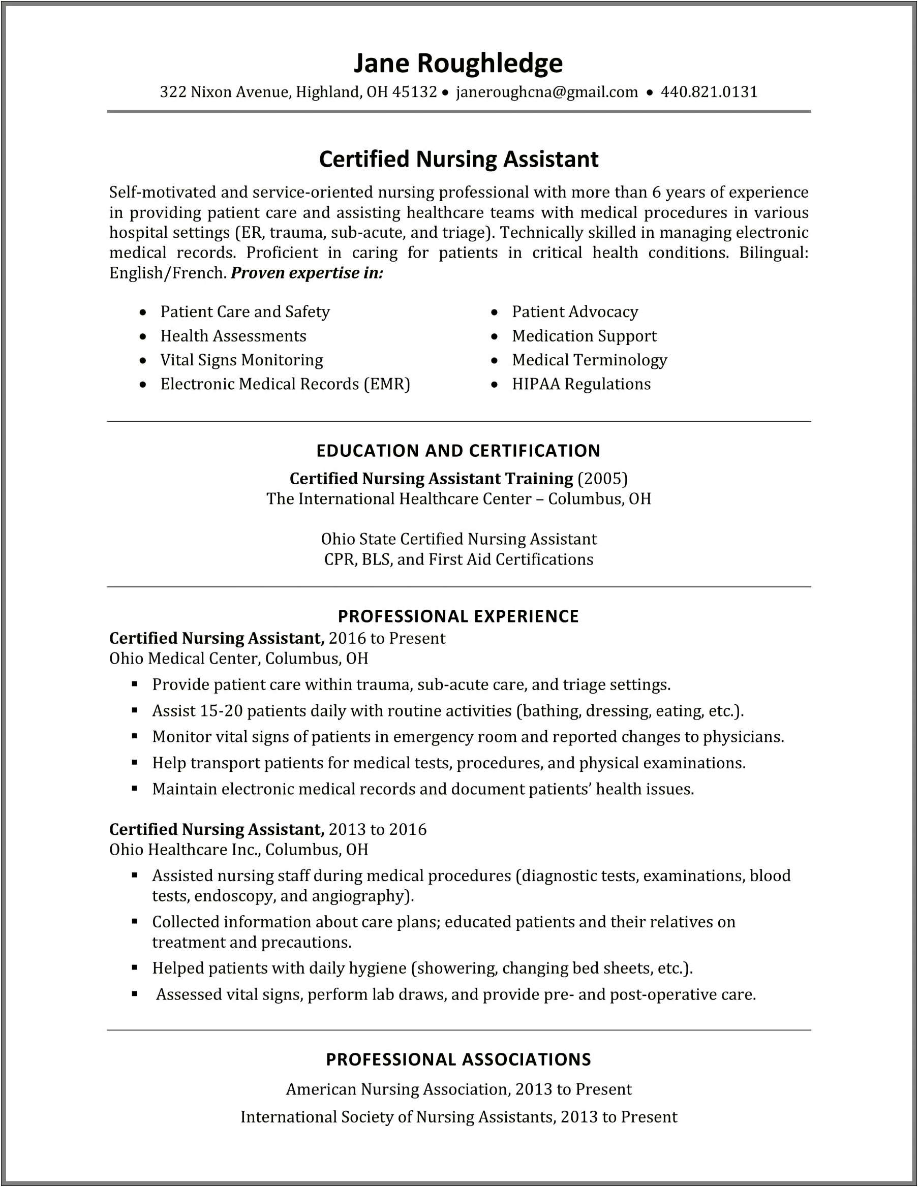 Cna Resume Sample With Hospital Experience