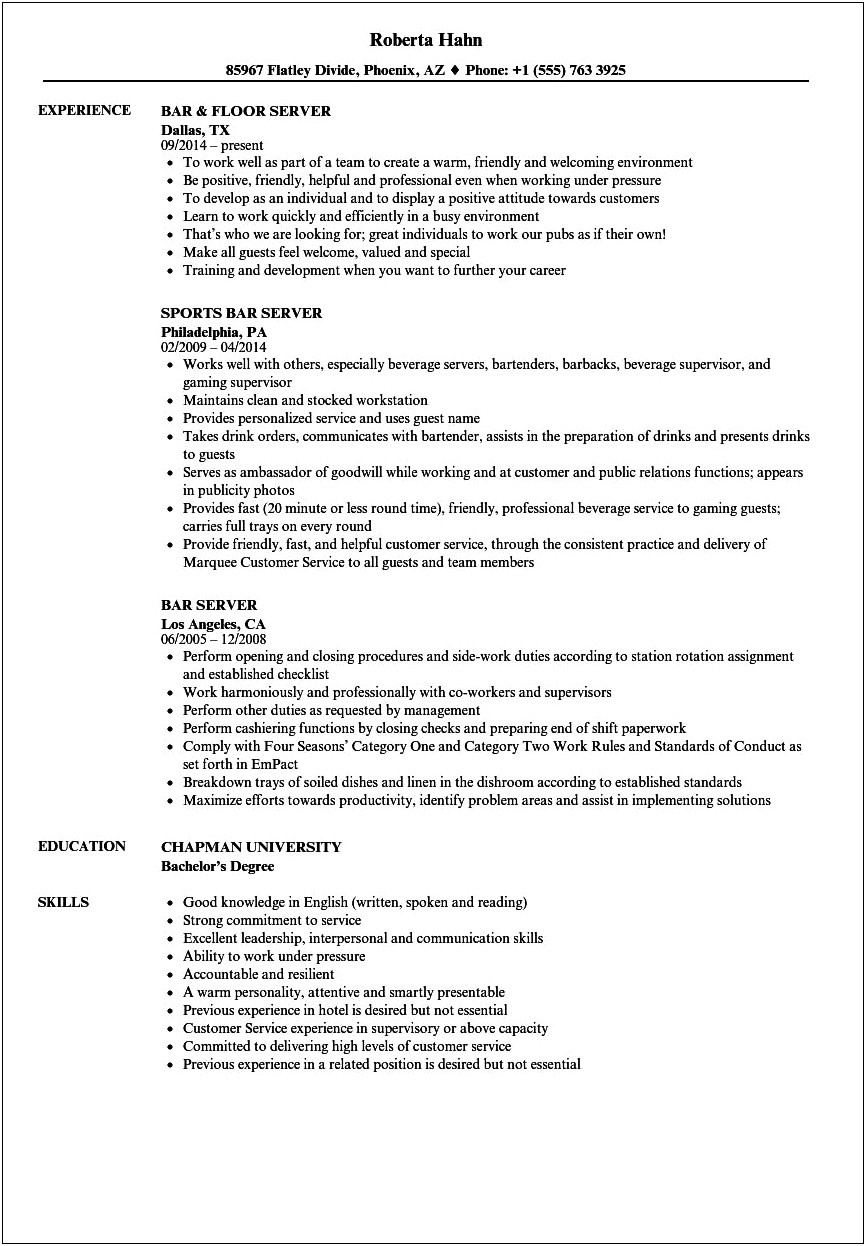 Cocktail Server Job Description For Resume