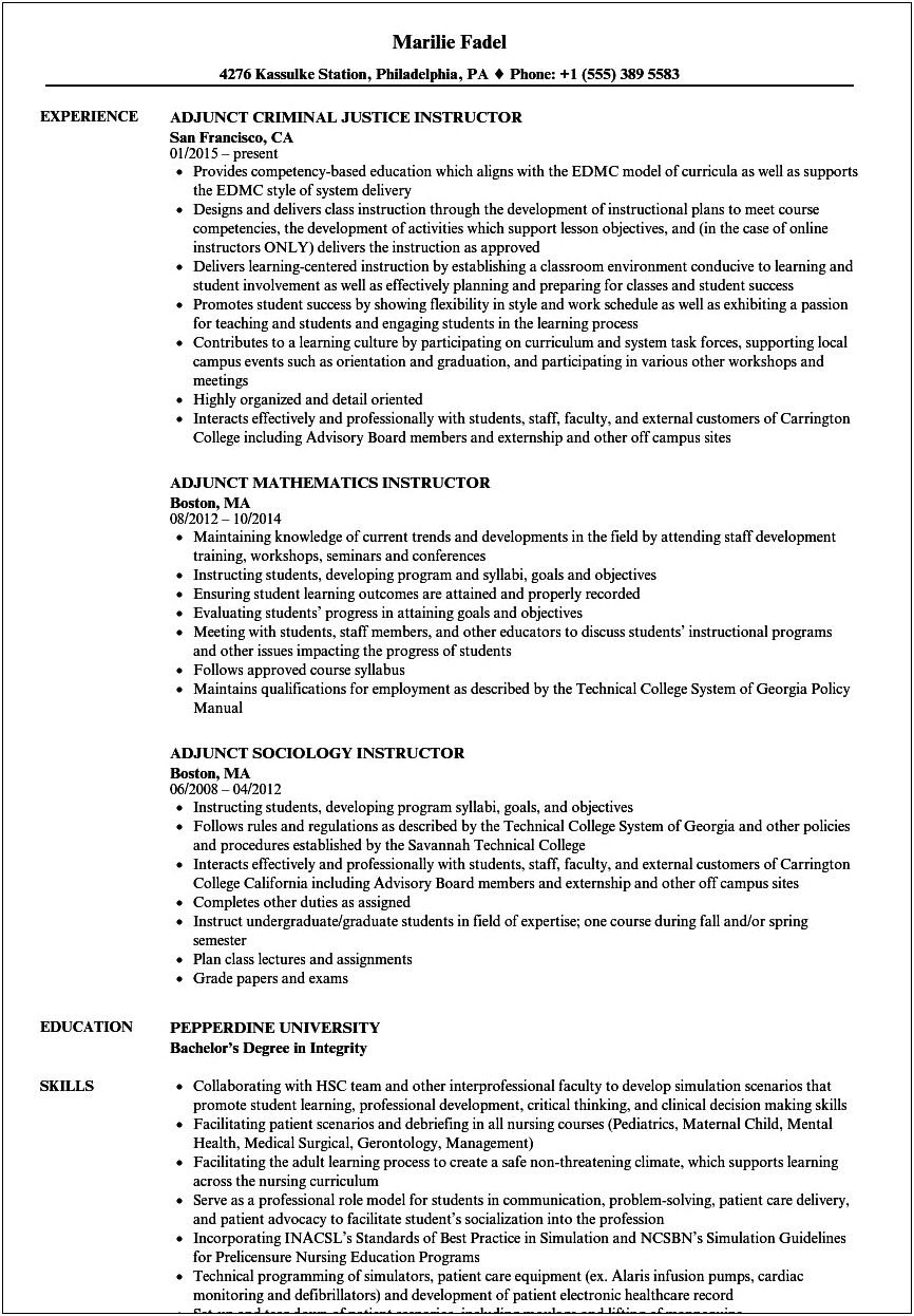 College Adjunct Resume Example No Teaching Experience