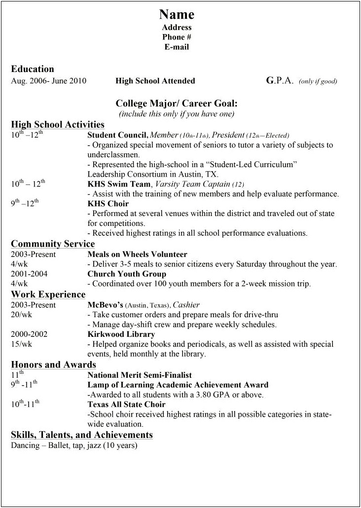 College Application Resume For High School Student