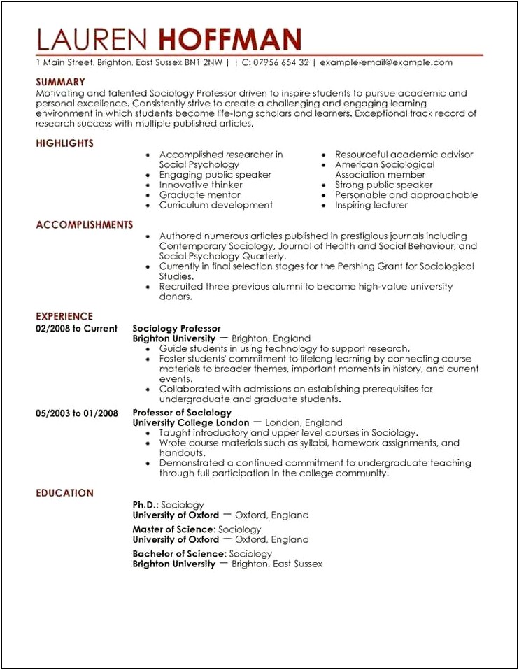 College Education Section Of Resume Example