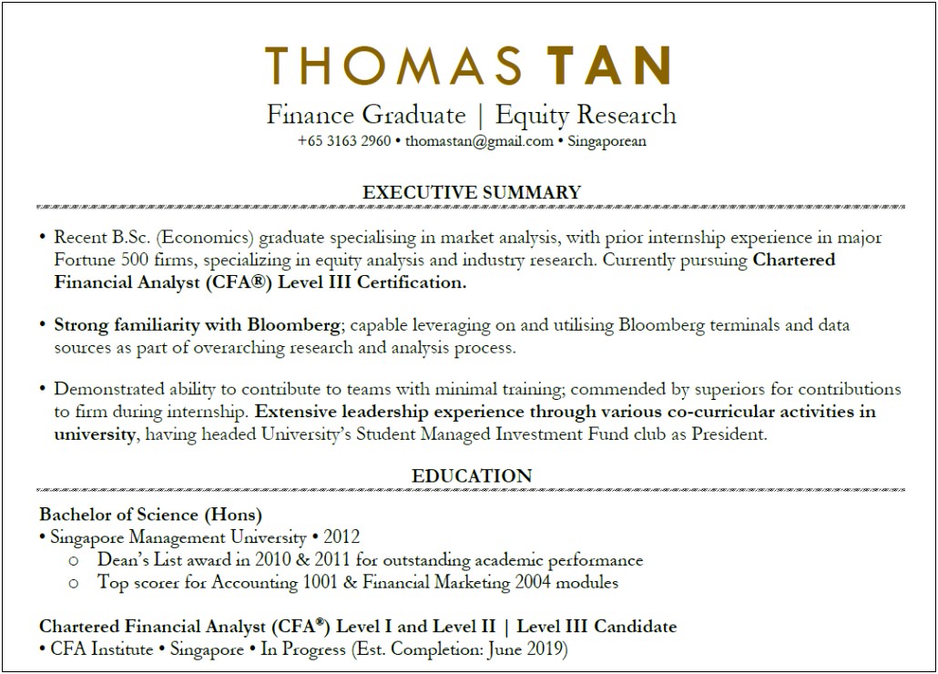College Graduate Resume Summary For Finance