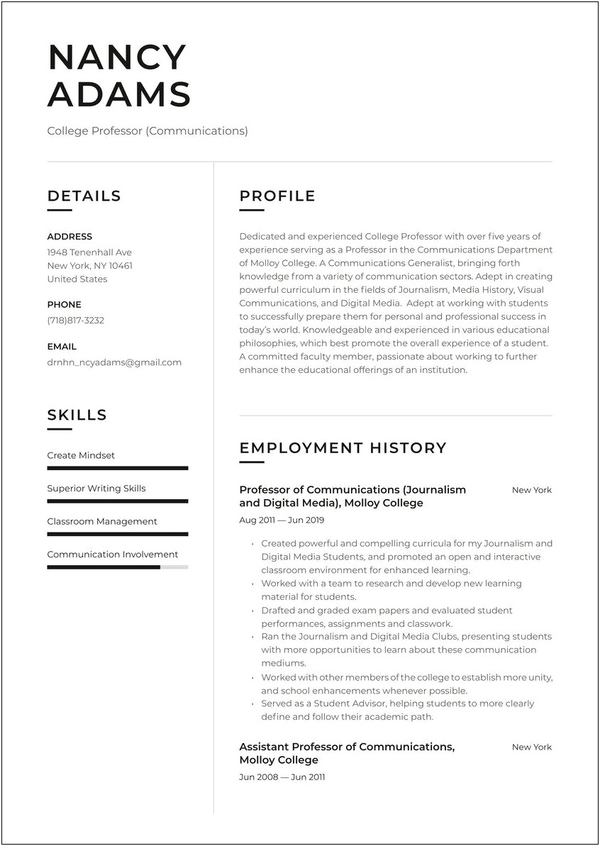 College Professor Resume With No Experience
