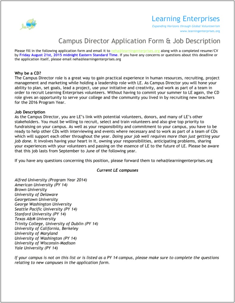 College Program Director Job Description Resume