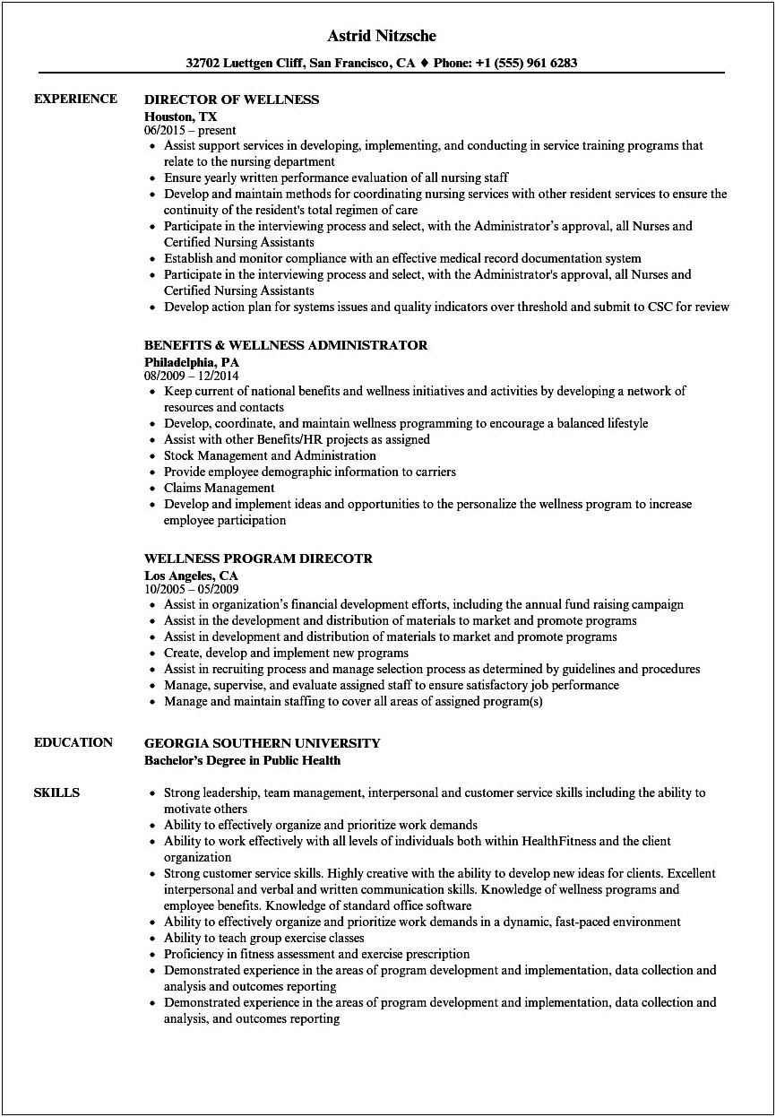 College Resume Examples For Health And Wellness Jobs