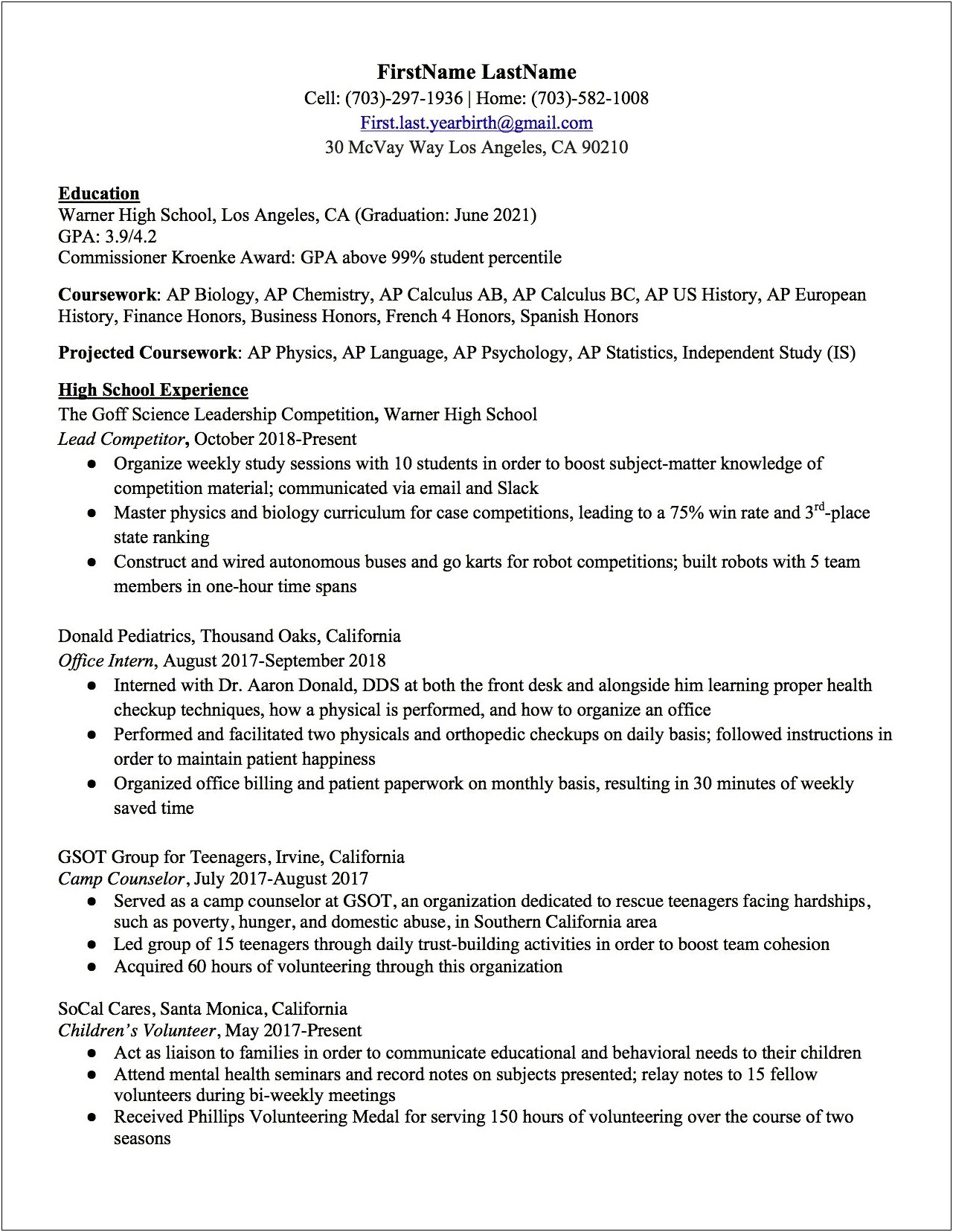 College Resume Examples For High School Seniors