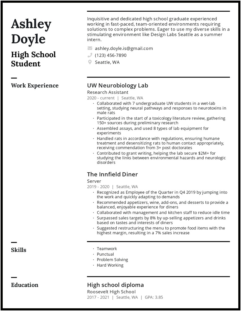 College Resume Examples For Highschool Students Overview