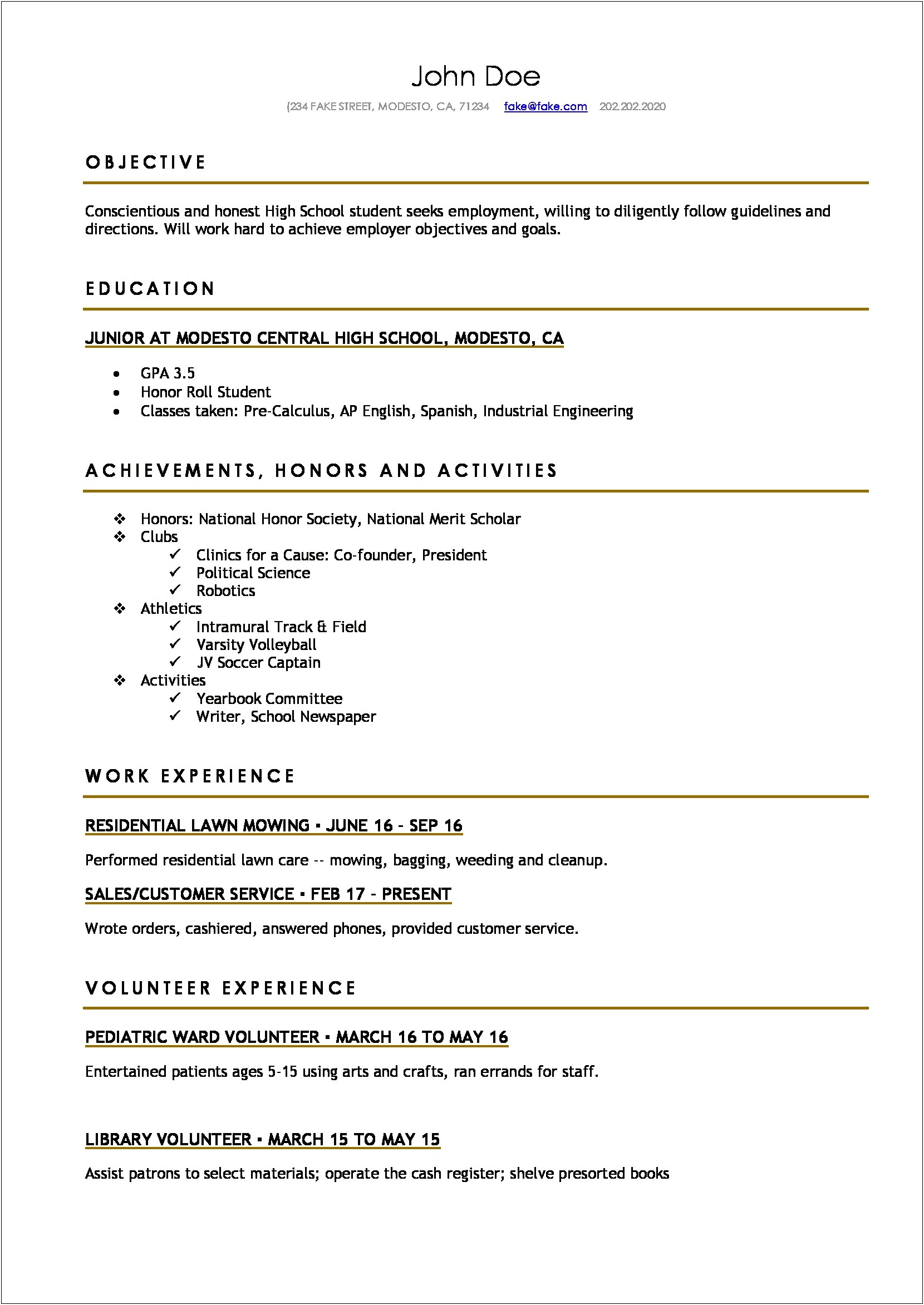 College Resume Format For High School Students