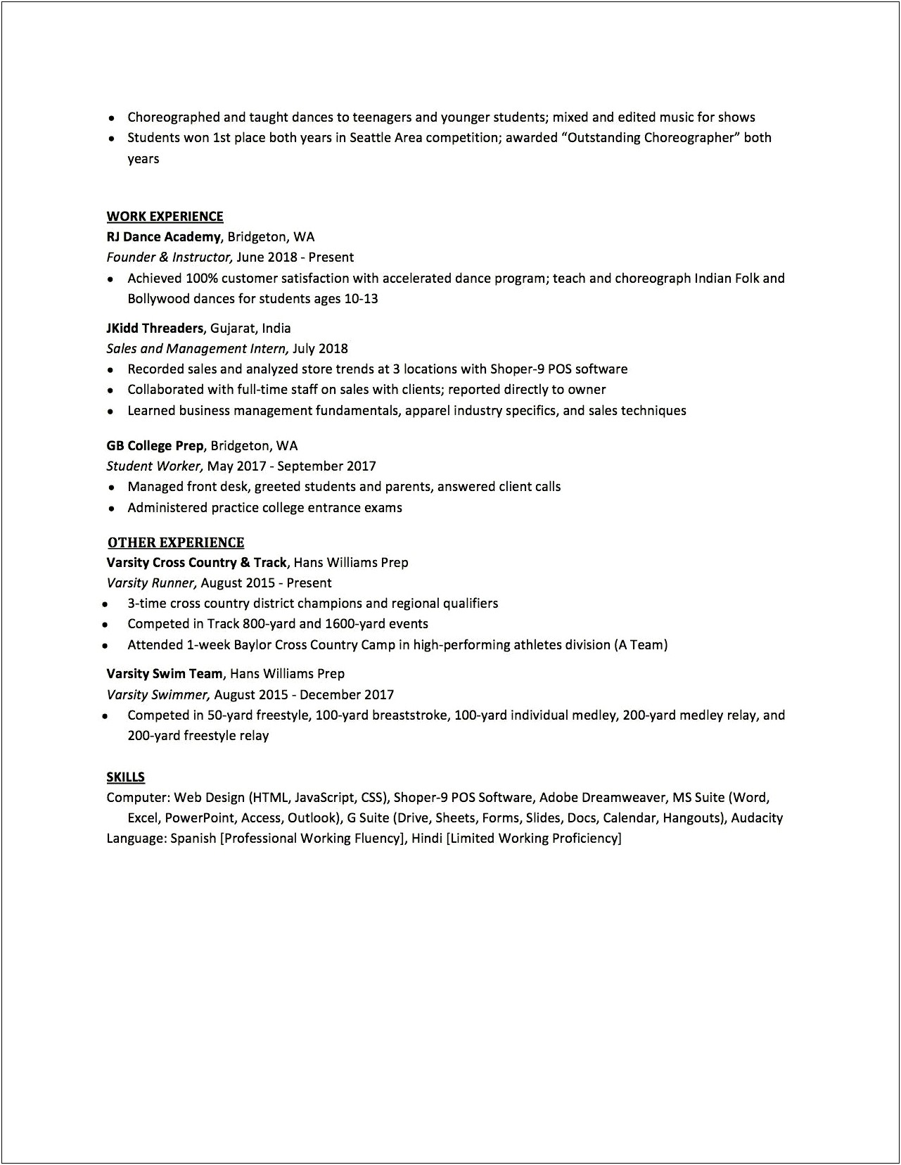College Resume Including Significant High School Experience