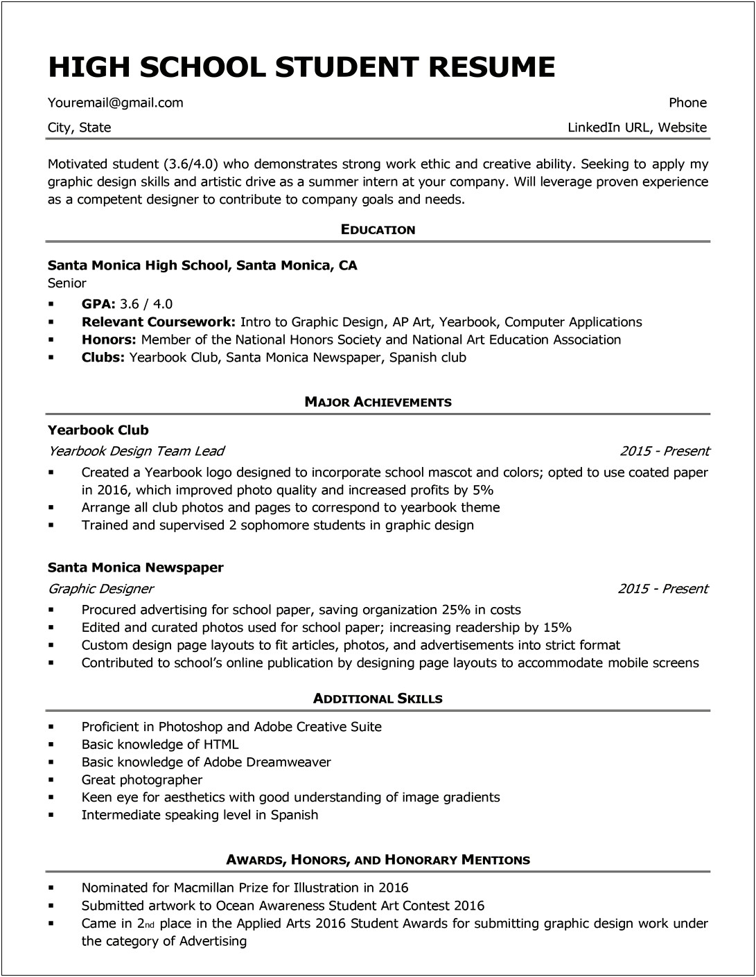 College Resume Summary For High School Students
