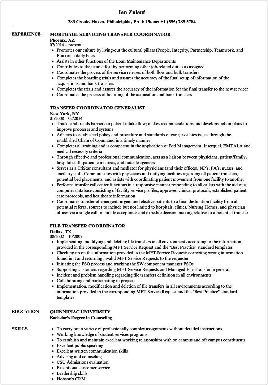 College Resume Template For Transfer Students