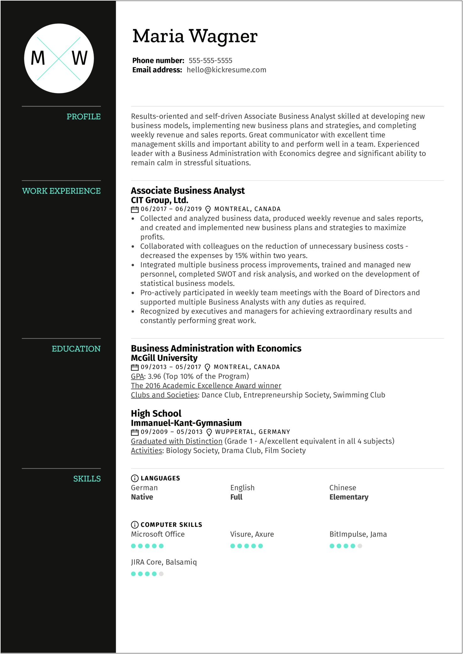 College Student Business Analyst Sample Resume