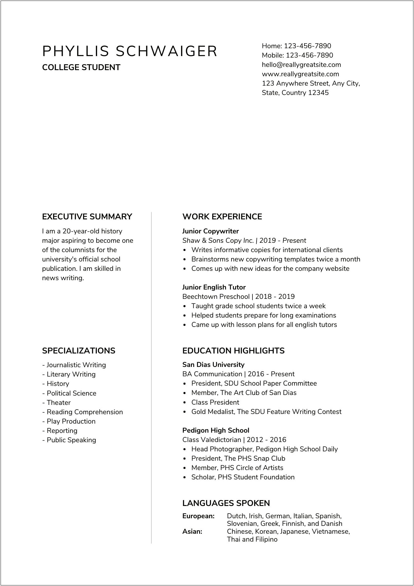 College Student Looking For Part Time Job Resume