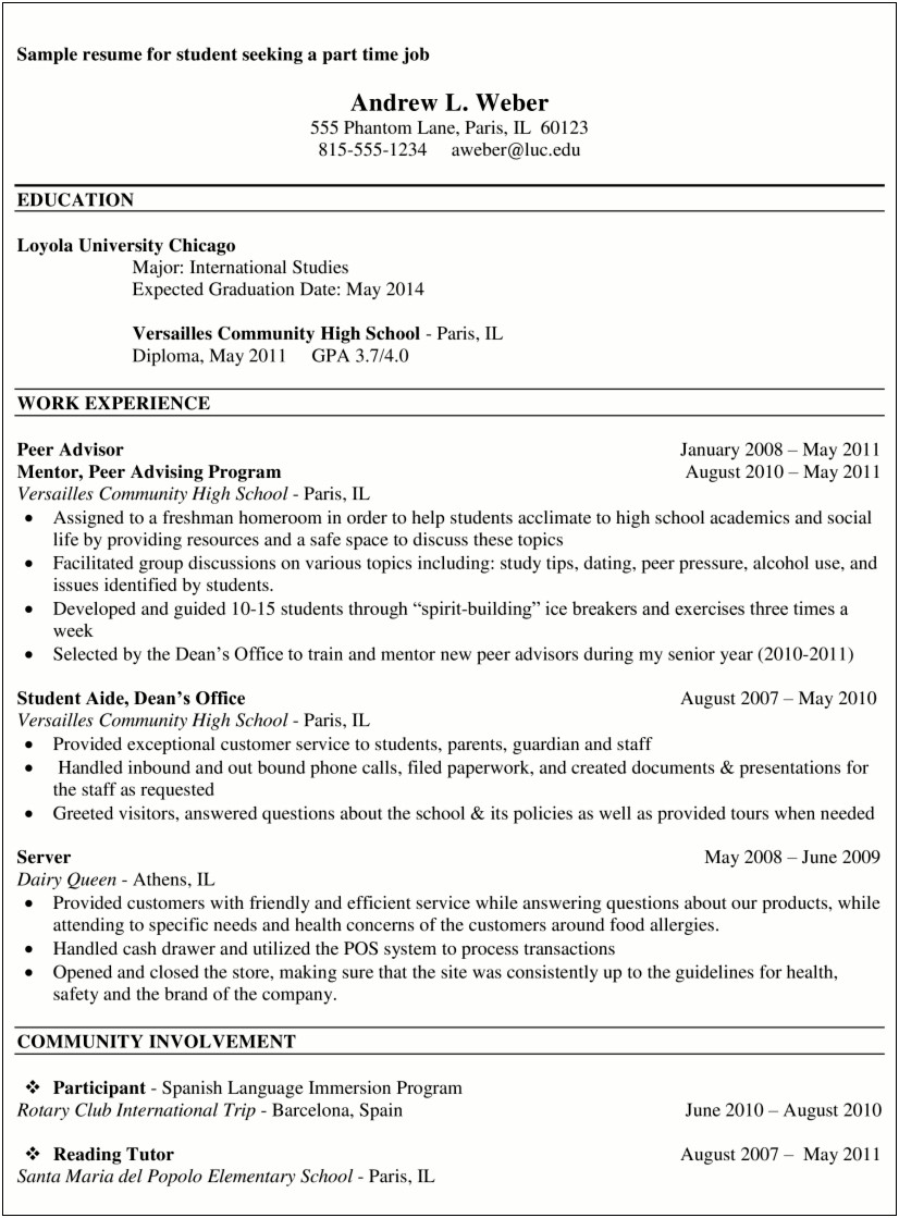 College Student Part Time Job Resume Template