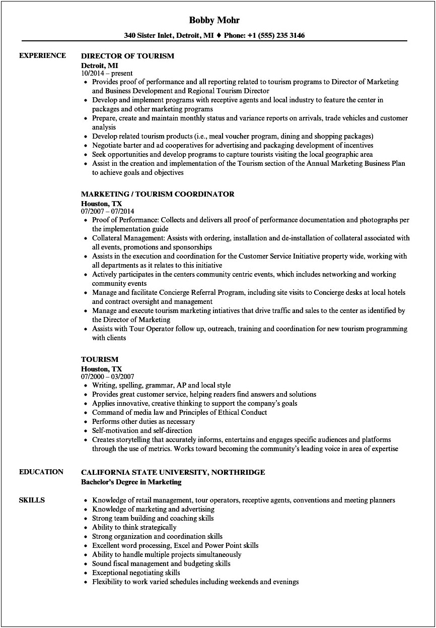College Student Resume Examples For Tourism