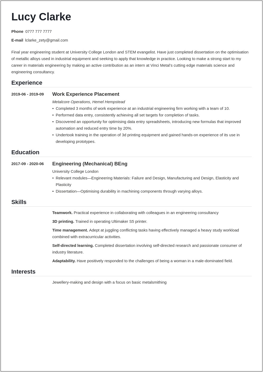 College Student Resume For Summer Internship Examples