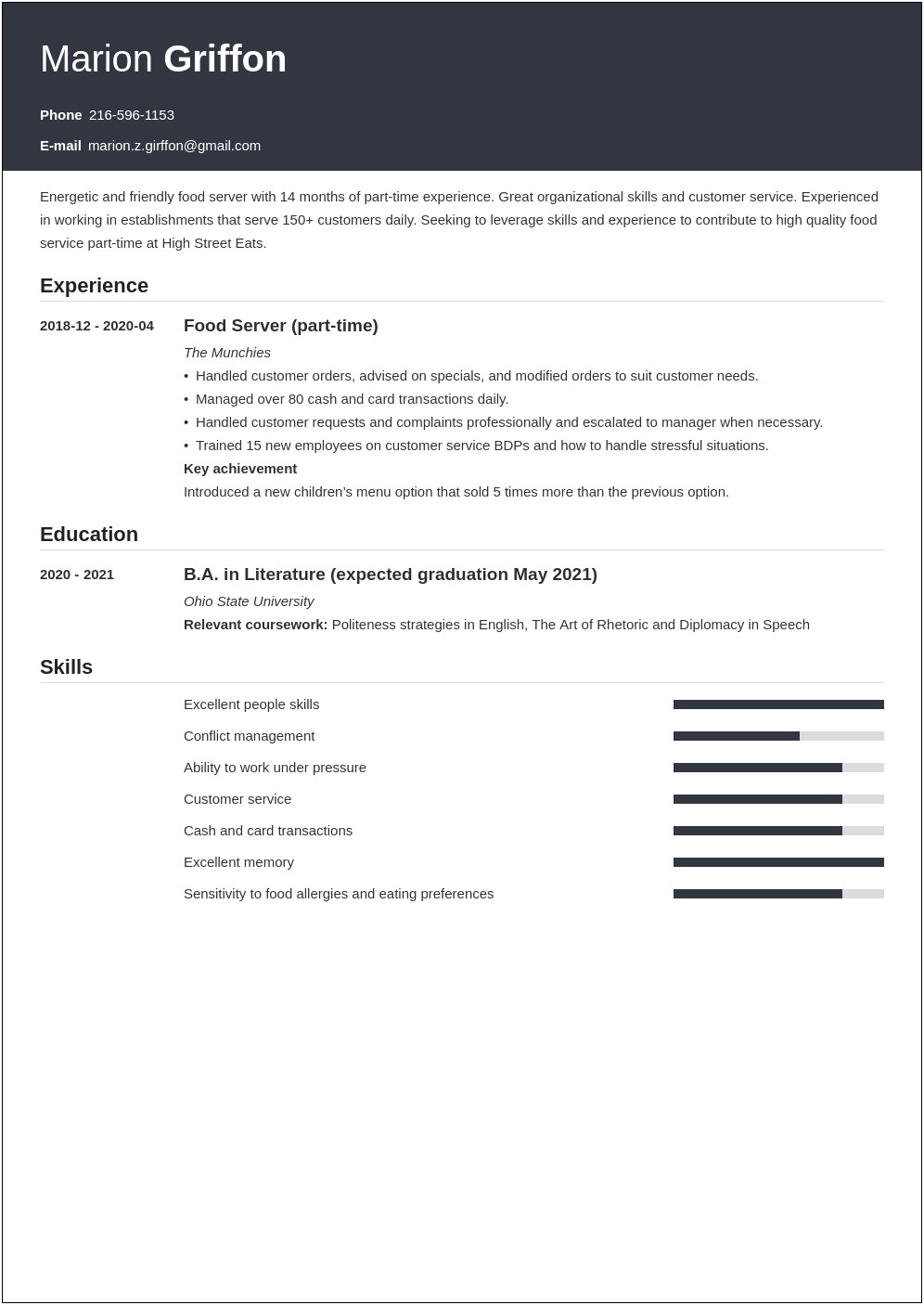 College Student Summer Job Resume Examples