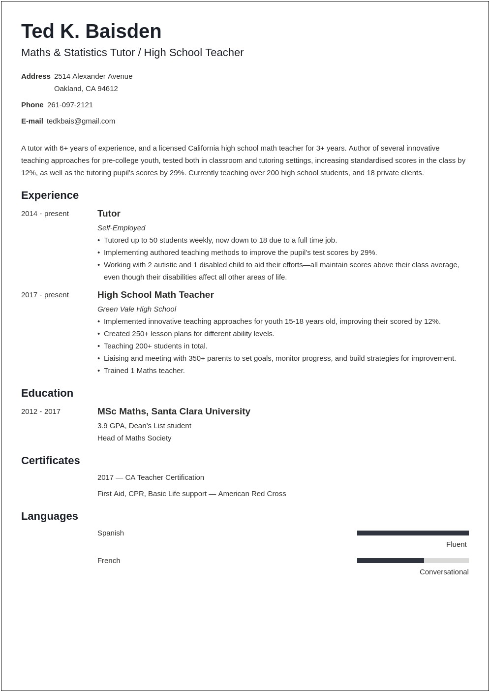 College Tutor Job Description For Resume