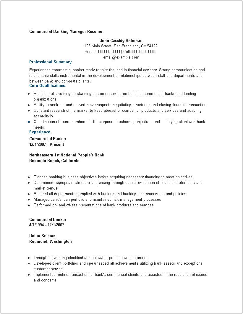 Commercial Banking Relationship Manager Sample Resume