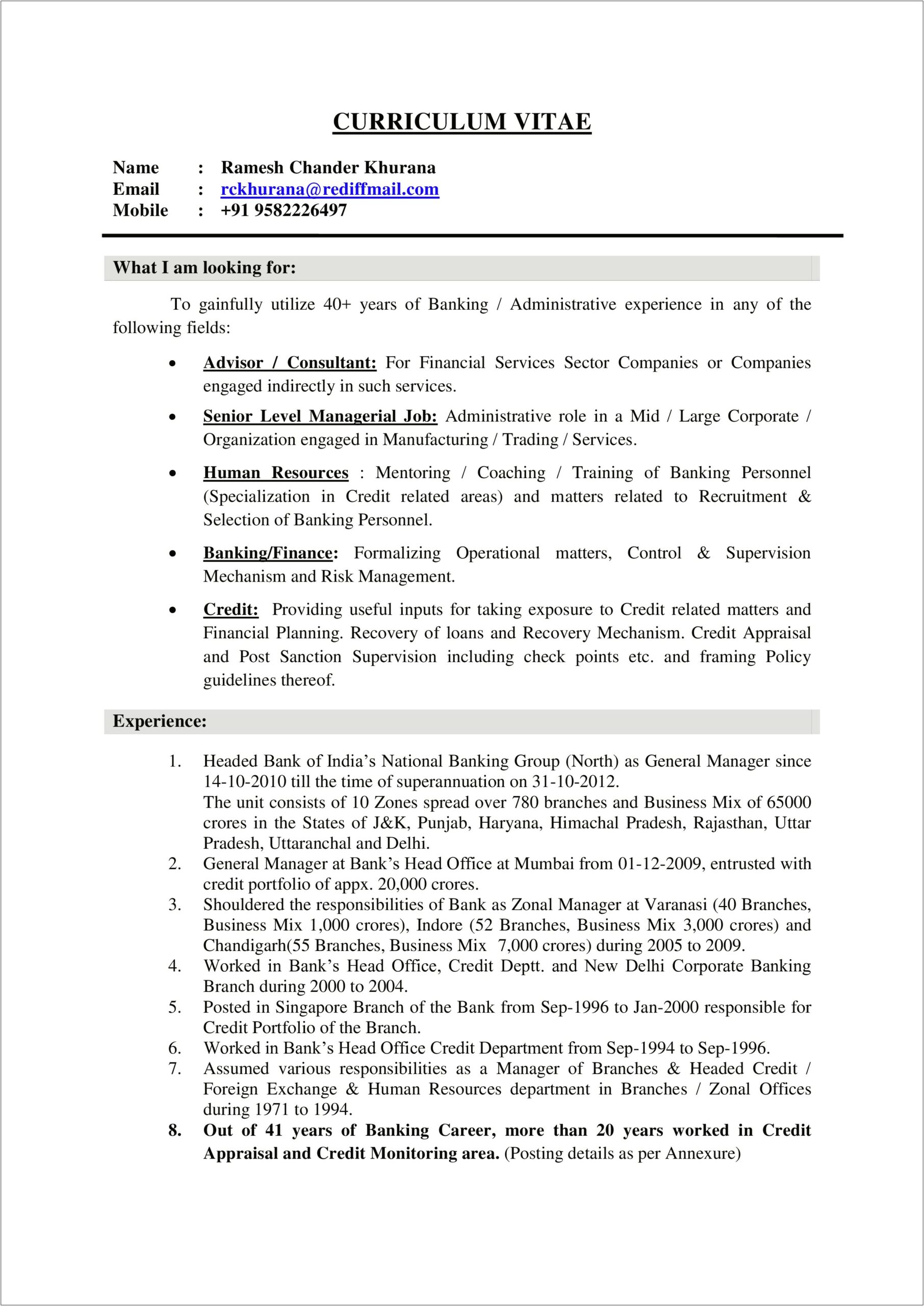Commercial Banking Unit Manager Sample Resume