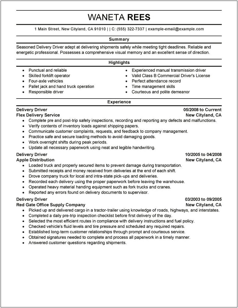 Commercial Driver Class B Resume Sample