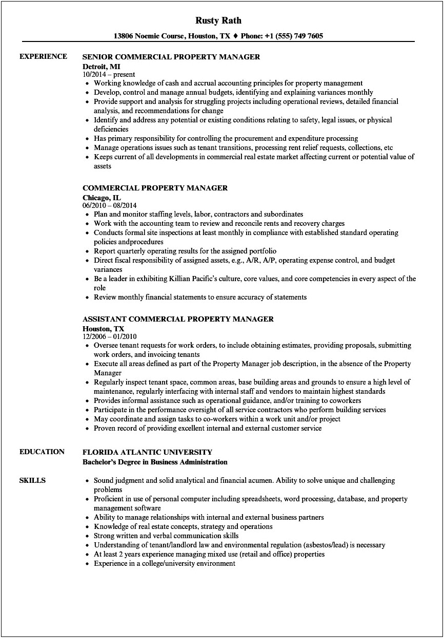 Commercial Real Estate Job Description Resume