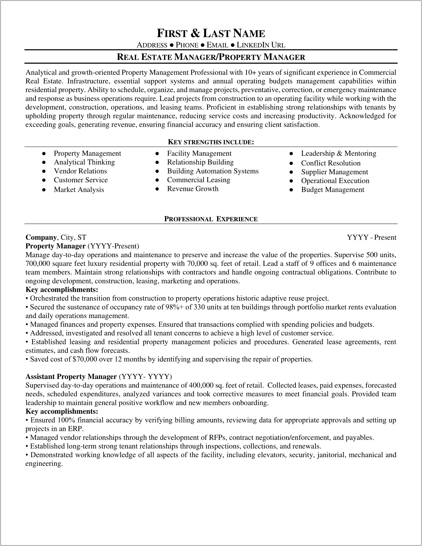 Commercial Real Estate Property Manager Resume
