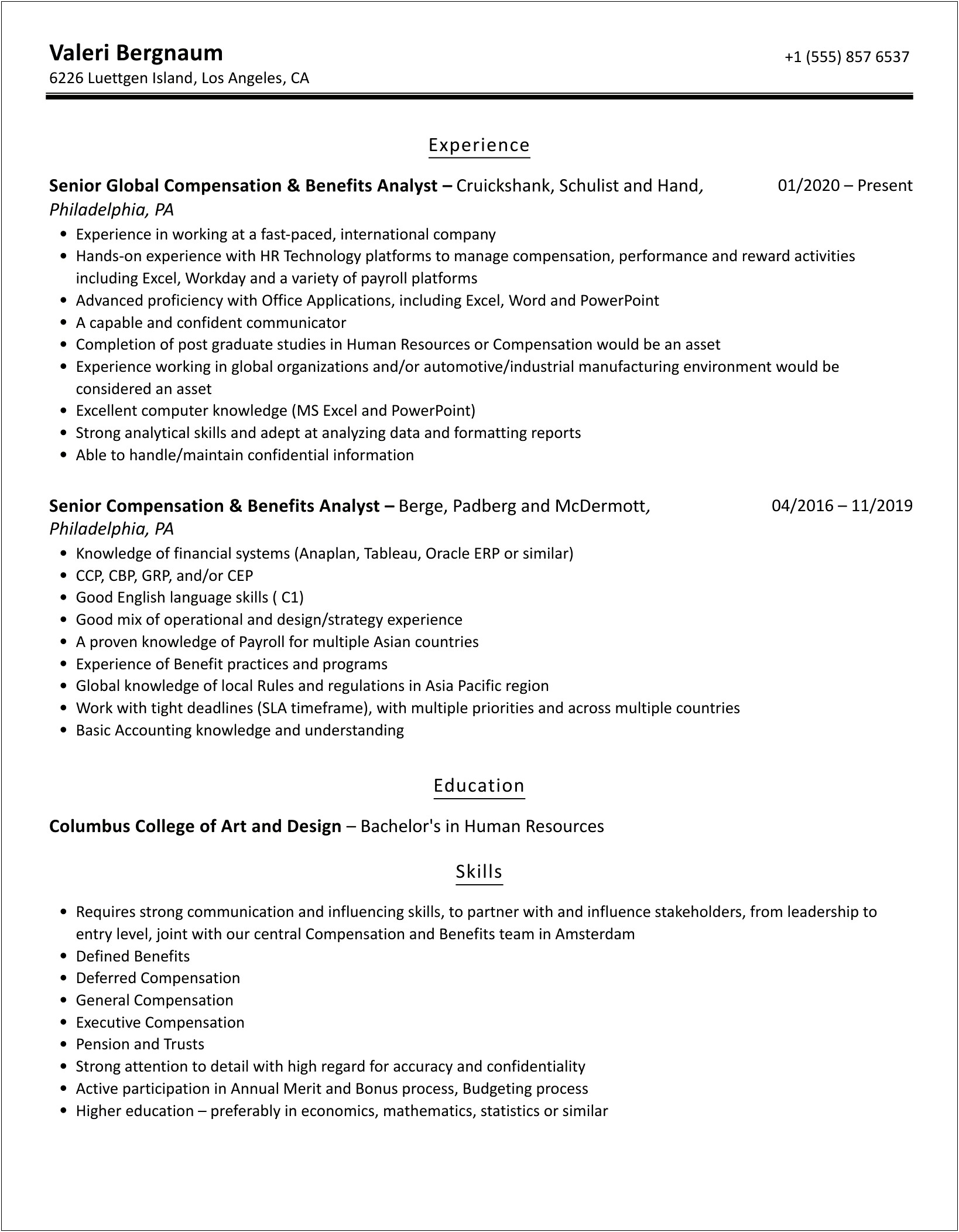 Compensation And Benefits Analyst Resume Sample