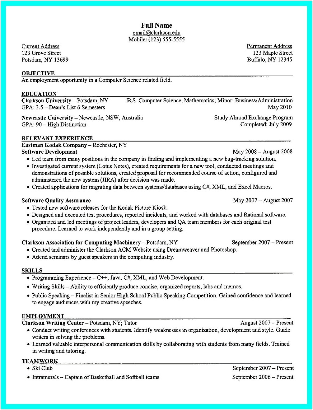 Computer Engineering Student Resume No Experience