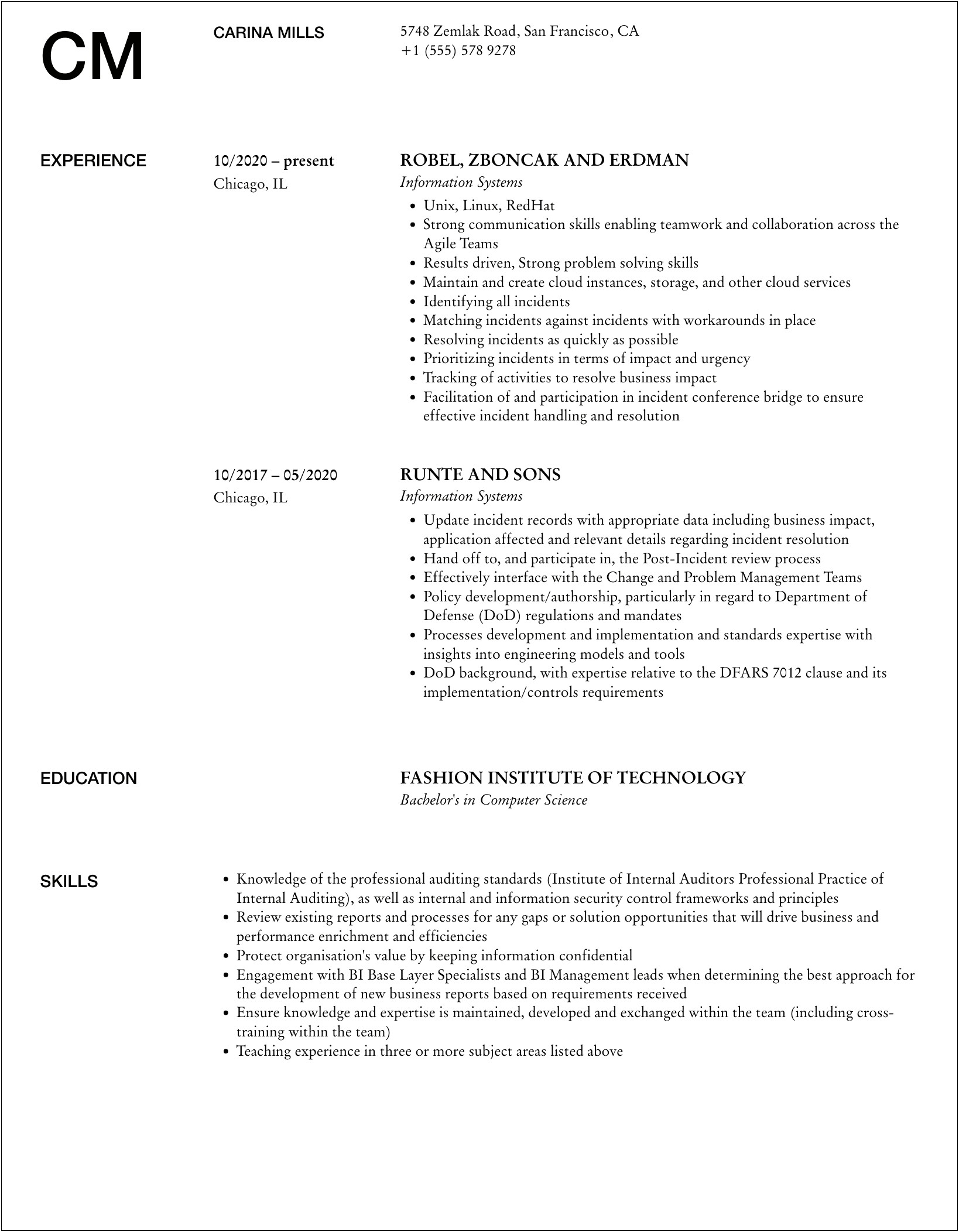 Computer Information Systems Pre Undergraduate Resume Sample