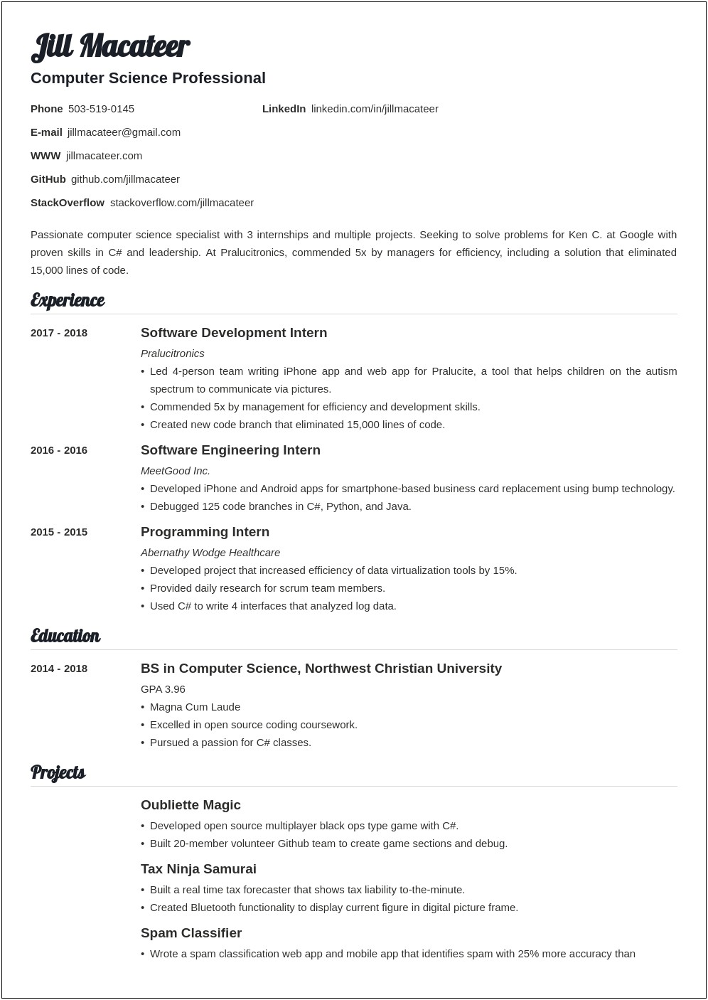Computer Science Engineering Resume Examples Templates