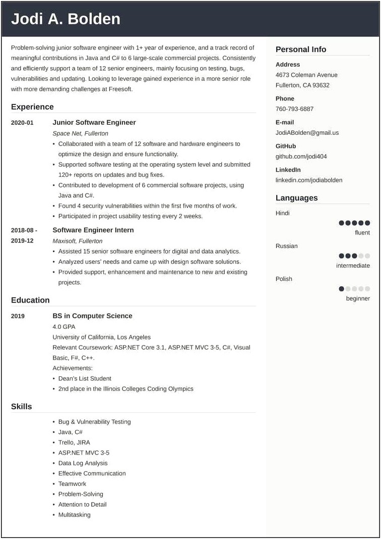 Computer Science New Grad Resume Examples