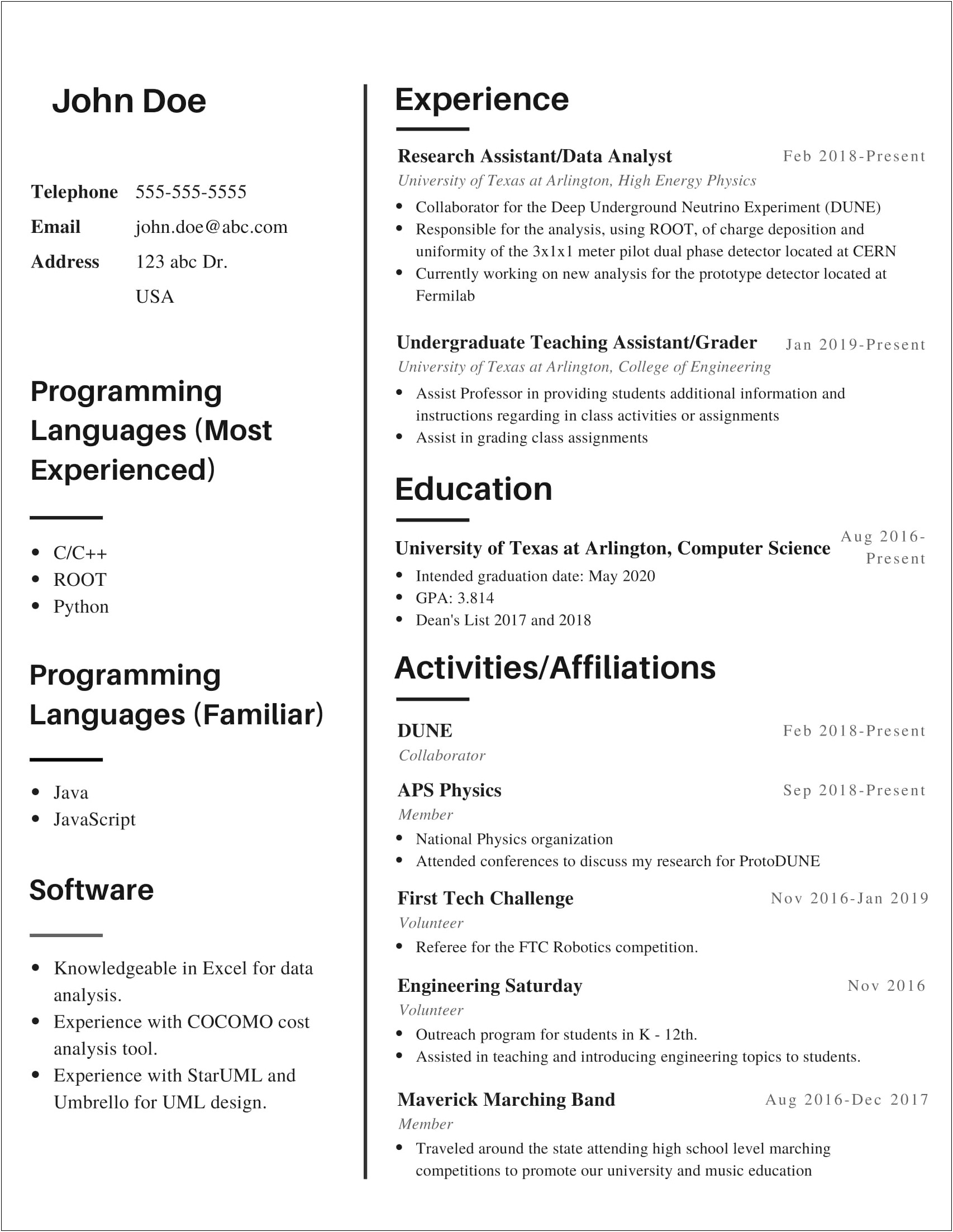 Computer Science Newly Grad Resume Examples