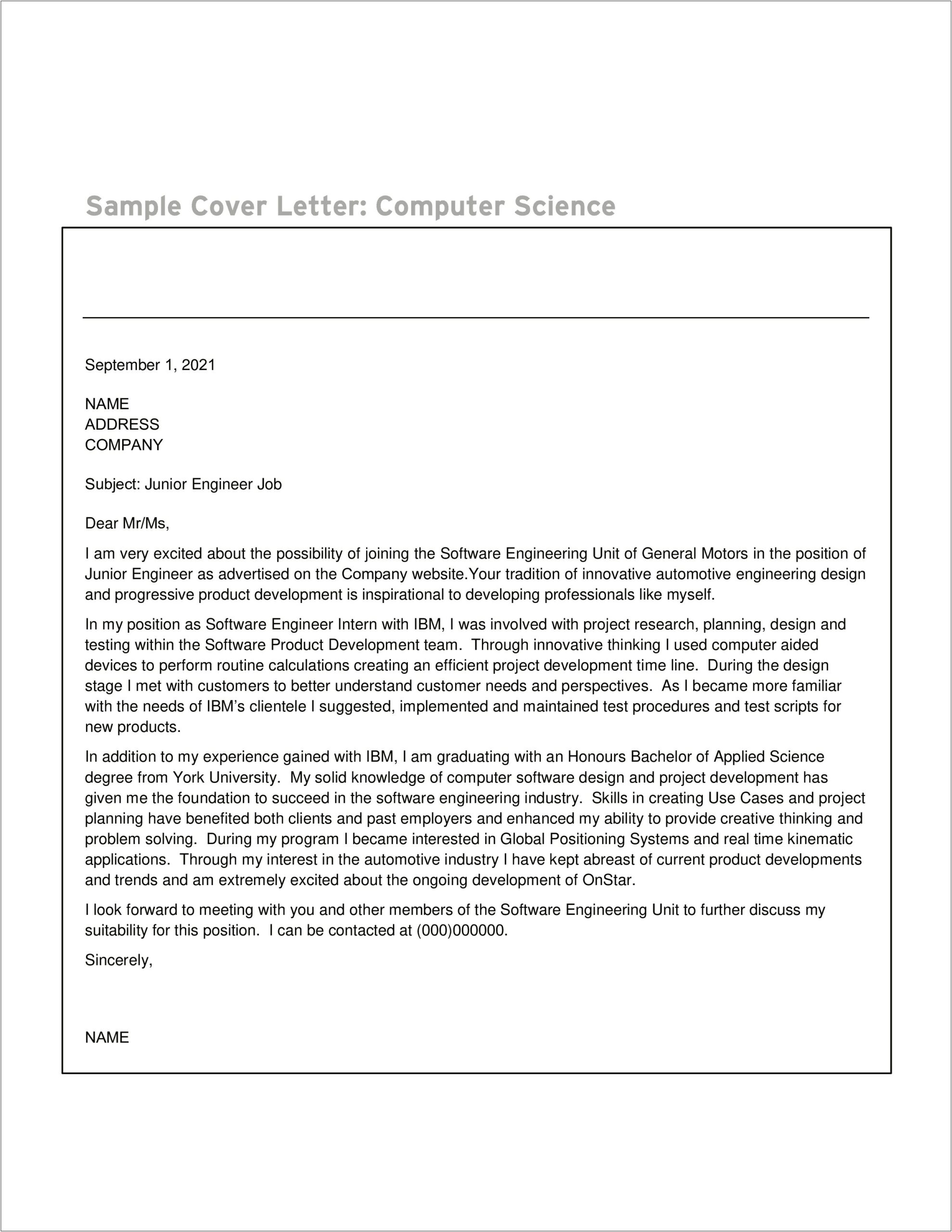 Computer Science Resume Cover Letter Template