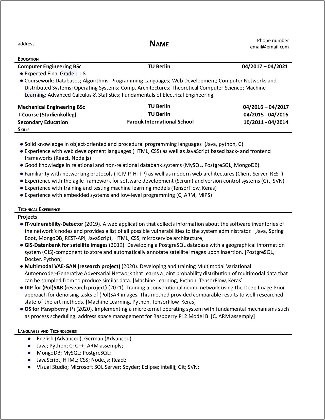 Computer Science Resume No Experience Example