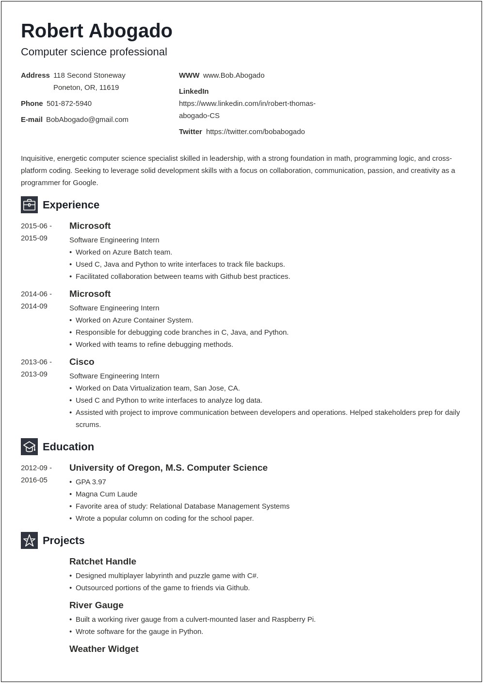 Computer Science Resume With Internship Experience