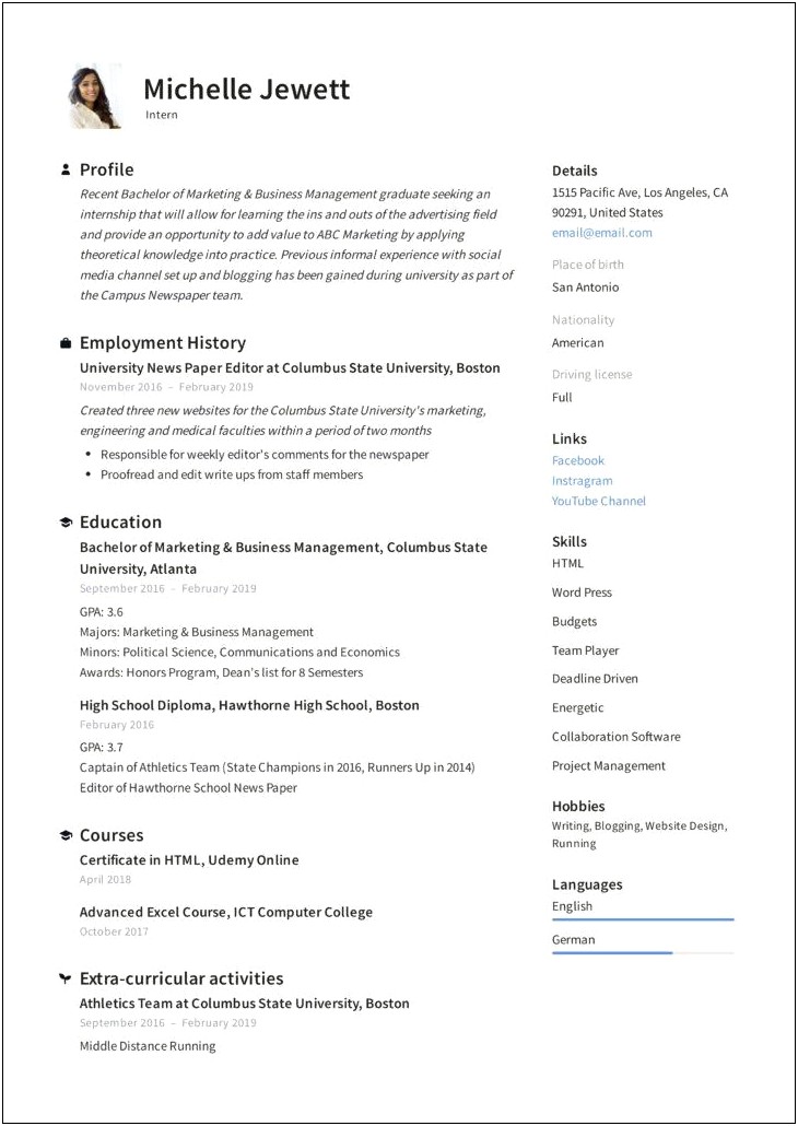 Computer Science Sample Resume For Intern