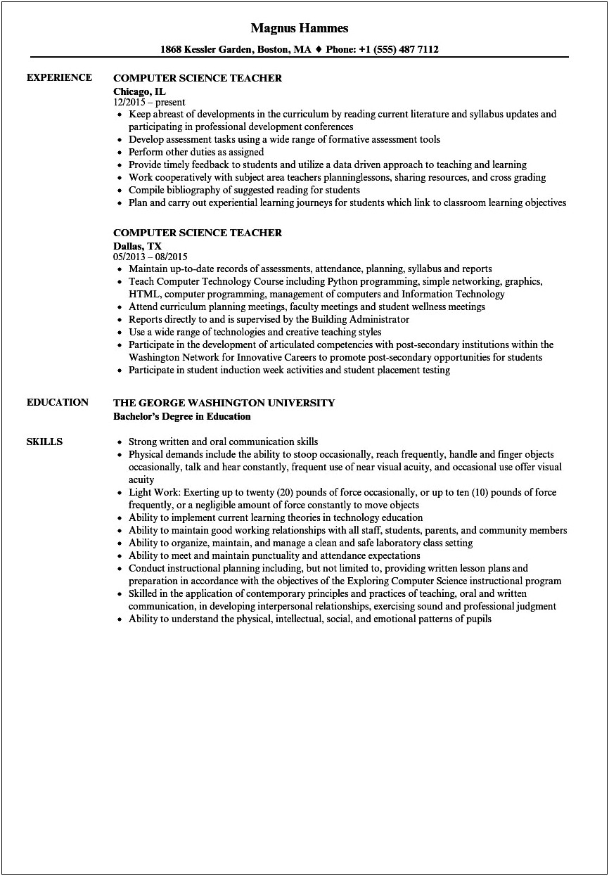 Computer Science Teacher Jobs Descriptions Resume