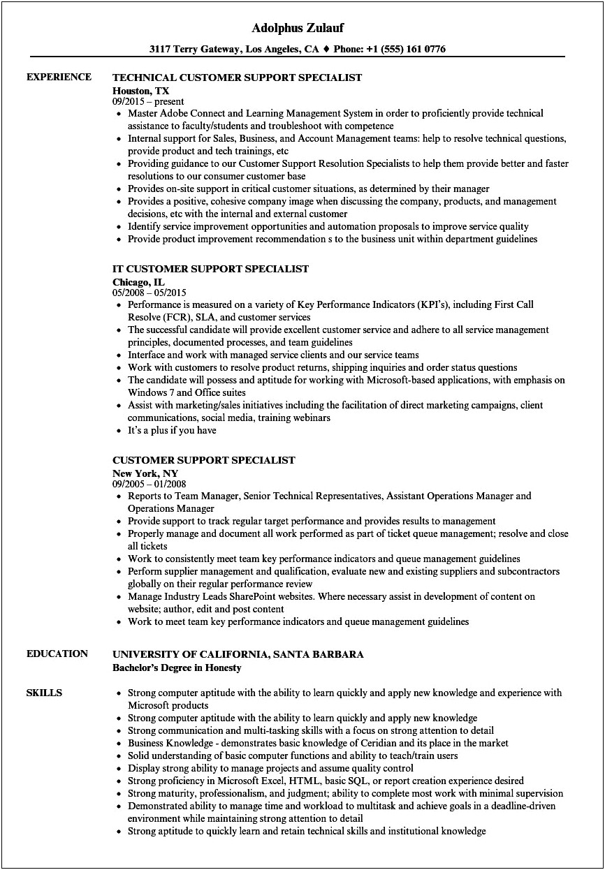 Computer Support Specialist Skills For Resume
