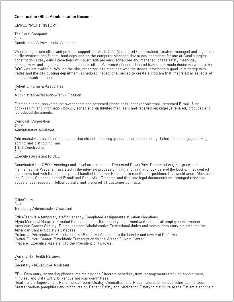 Construction Administrative Assistant Job Description Resume