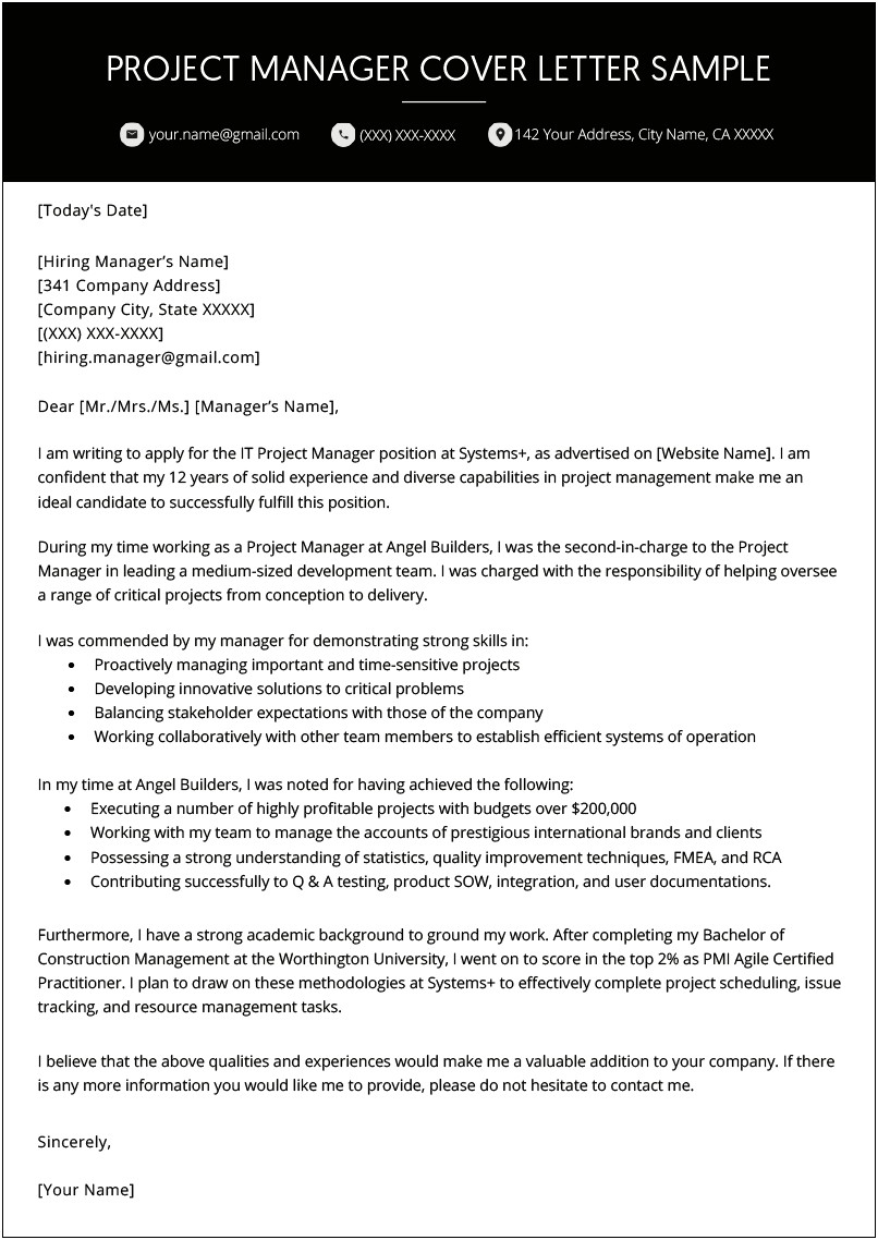 Construction Management Resume Cover Letter Examples
